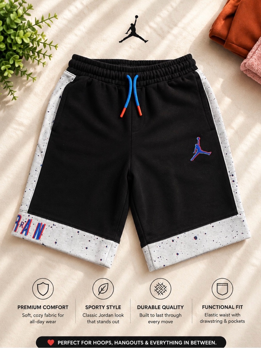 Jordan Black Shorts with Grey Speckle Panels and Blue Drawcord